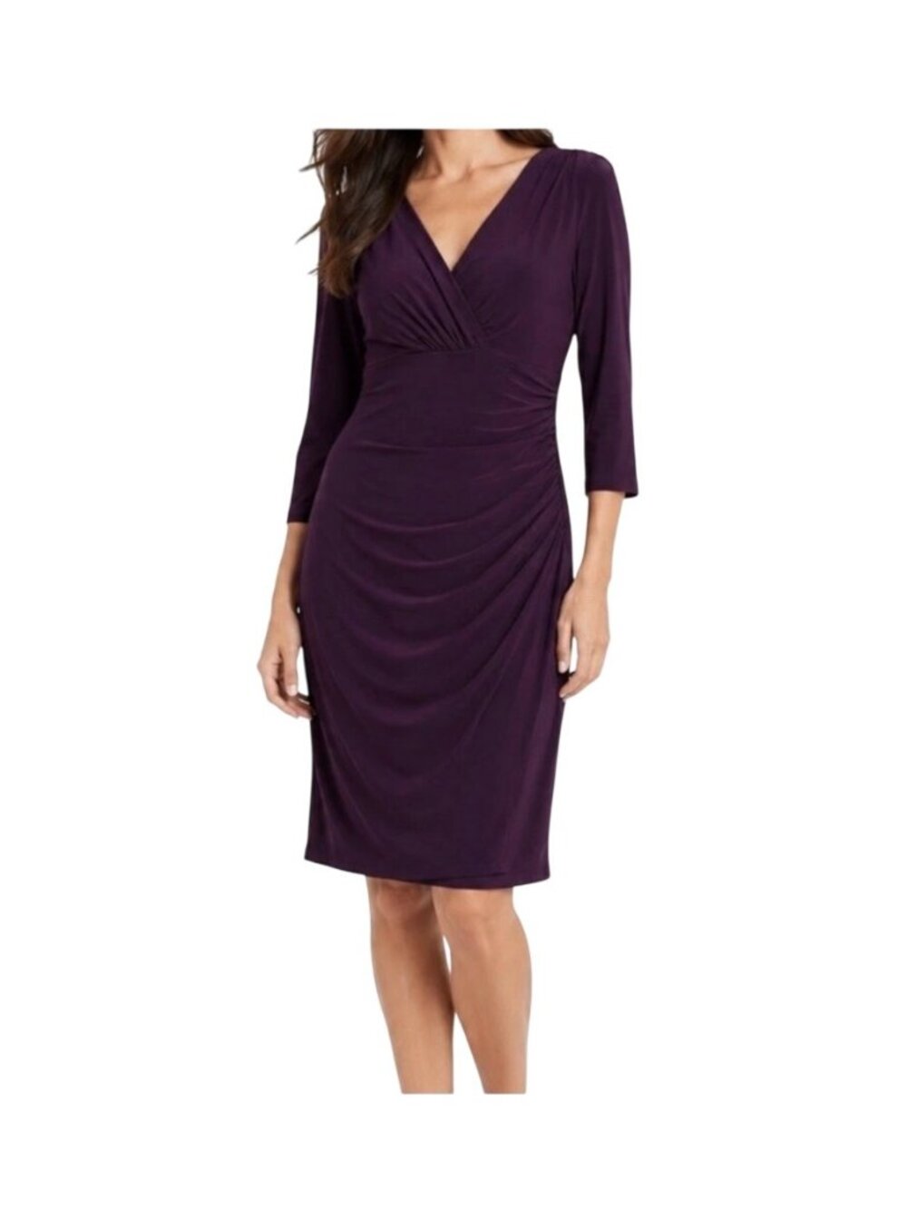 Lauren Ralph Lauren Plum 3/4 Sleeve Sheath Dress Size 12 stretch ruched dressy